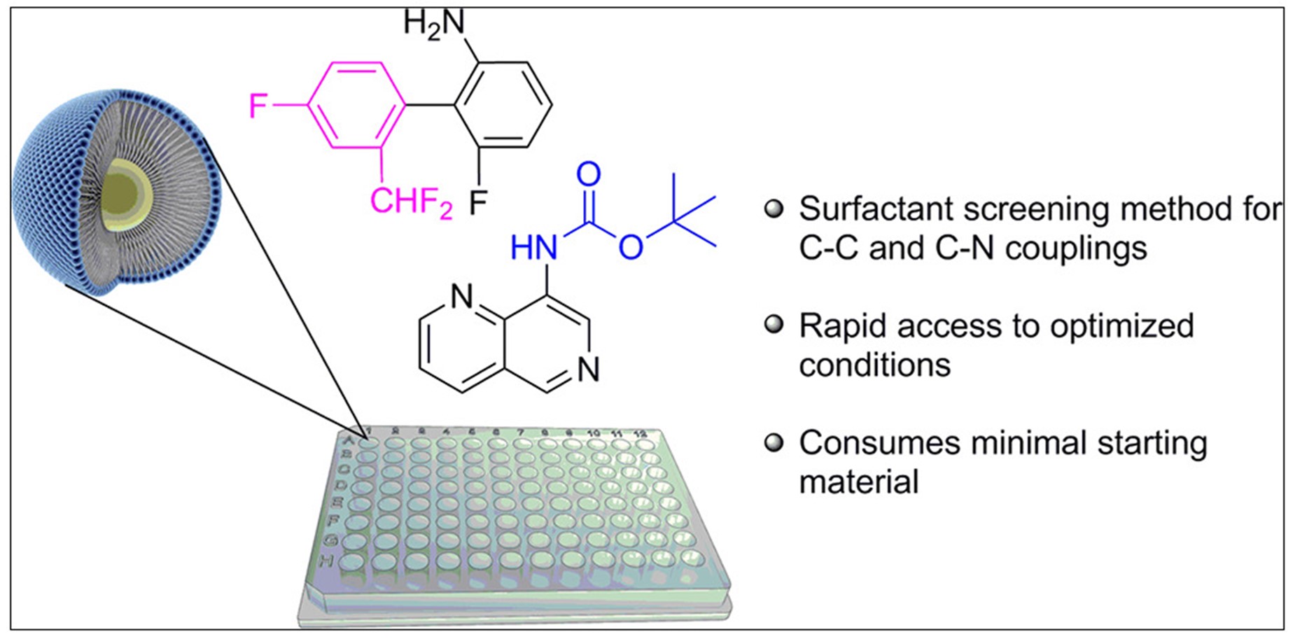 Fig. 1 Microtiter plate reaction screening and optimization of surfactant chemistry.